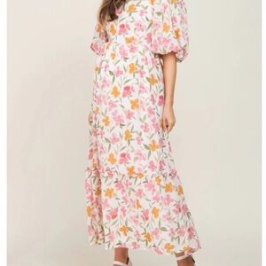 Pink Blush- White Floral Puff Sleeve Maternity Maxi Dress